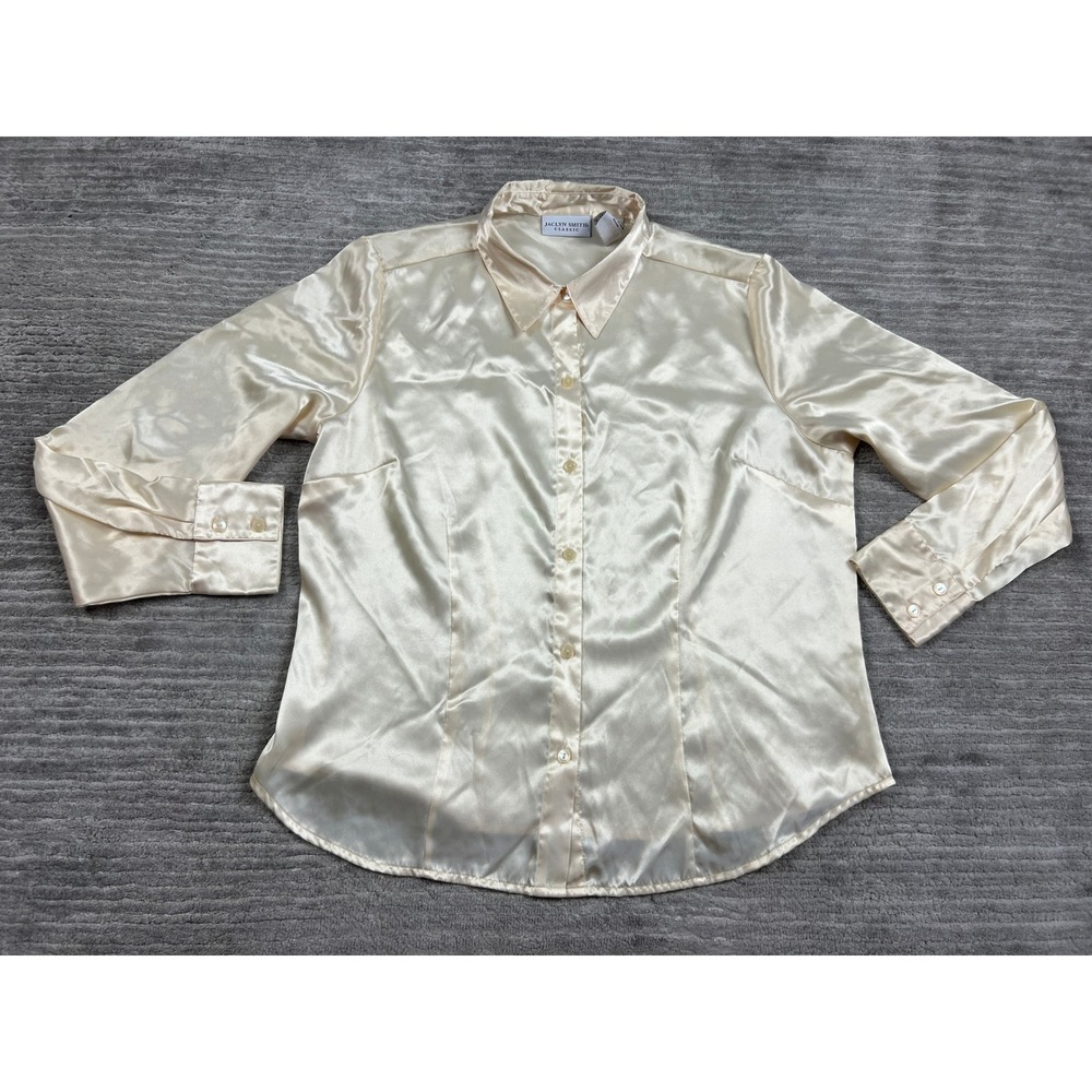Jaclyn Smith Blouse Womens Large Cream Classic Satin Button Front Long Sleeve